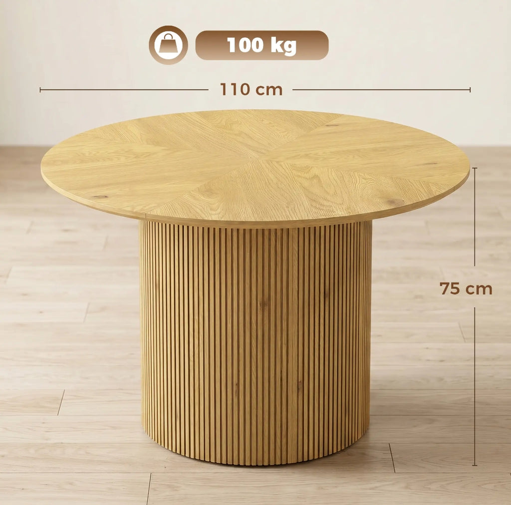 Mesa de Comedor Redonda Ø110 cm Efecto Roble con Pedestal Acanalado para 4-6 Personas | MooM Decó