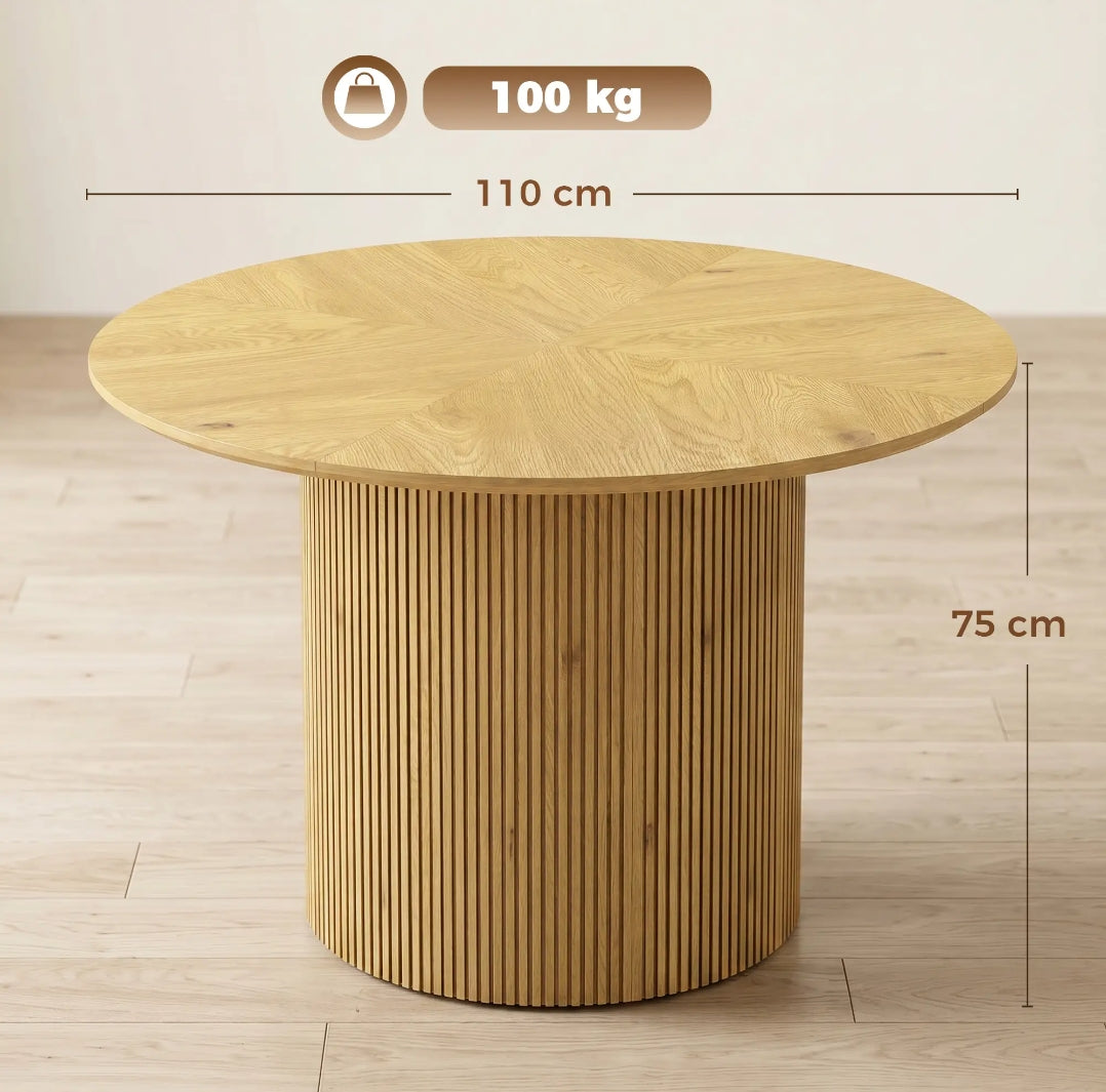 Mesa de Comedor Redonda Ø110 cm Efecto Roble con Pedestal Acanalado para 4-6 Personas | MooM Decó