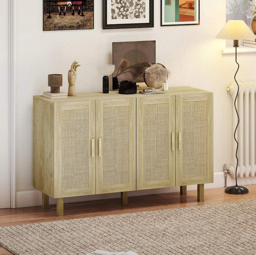 Aparador Cannage de 4 Puertas con Estantes Ajustables Estilo Boho Natural 120 cm