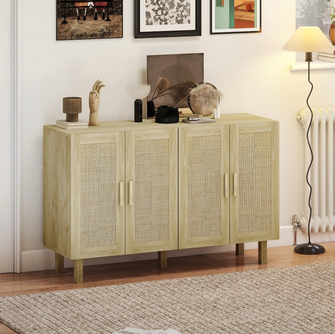 Aparador Cannage de 4 Puertas con Estantes Ajustables Estilo Boho Natural 120 cm