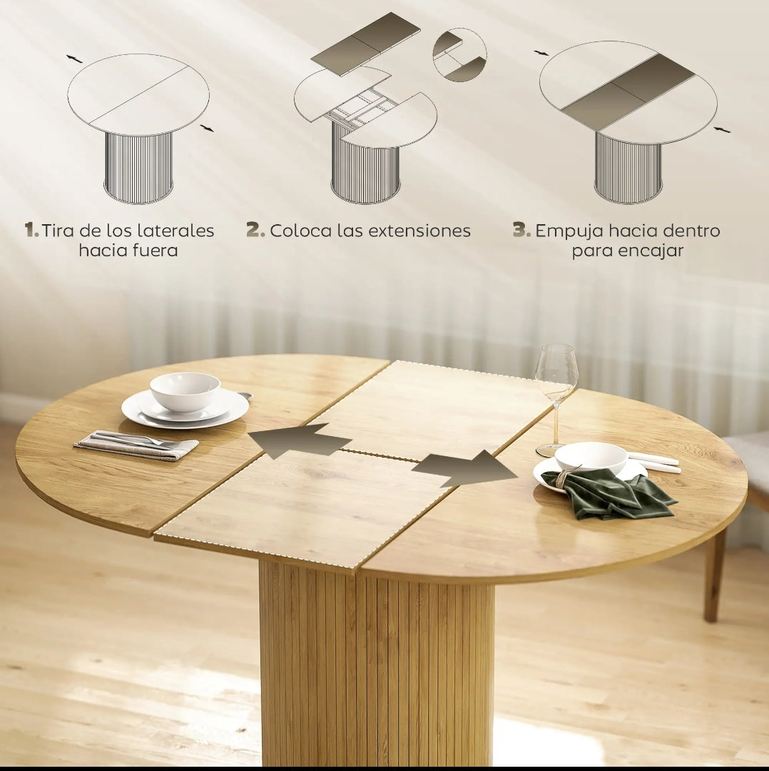 Mesa de Comedor Extensible Redonda a Ovalada para 6-8 Personas con Base Estriada y Acabado Madera Natural
