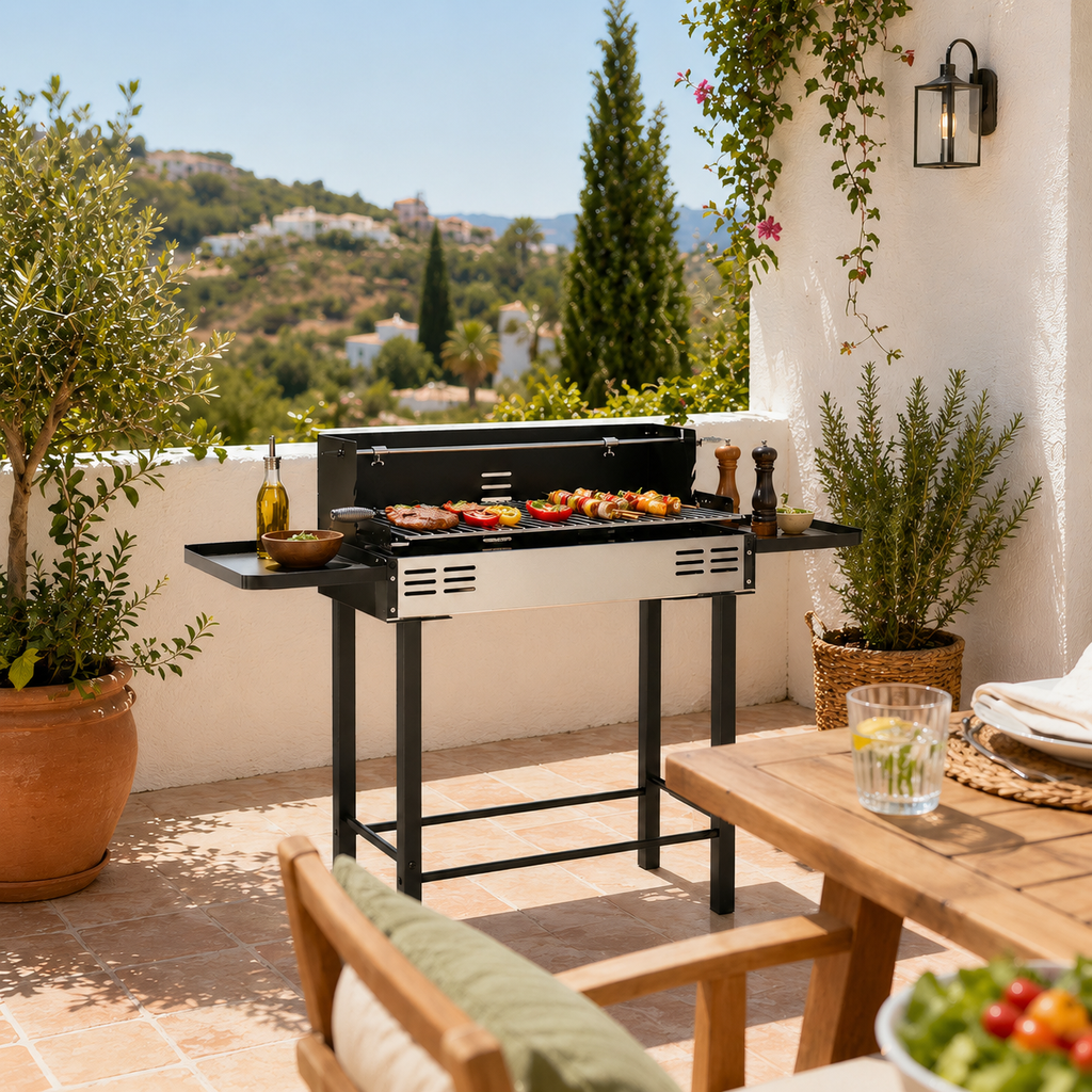 Barbacoa de Carbón Portátil con Pincho Giratorio, Parrilla y Estantes Plegables para Jardín y Terraza