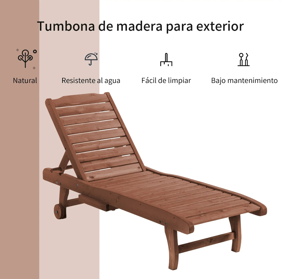 Tumbona de Madera con Ruedas y Bandeja Extraíble para Jardín, Terraza y Piscina