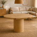 Mesa de Comedor Extensible Redonda a Ovalada para 6-8 Personas con Base Estriada y Acabado Madera Natural