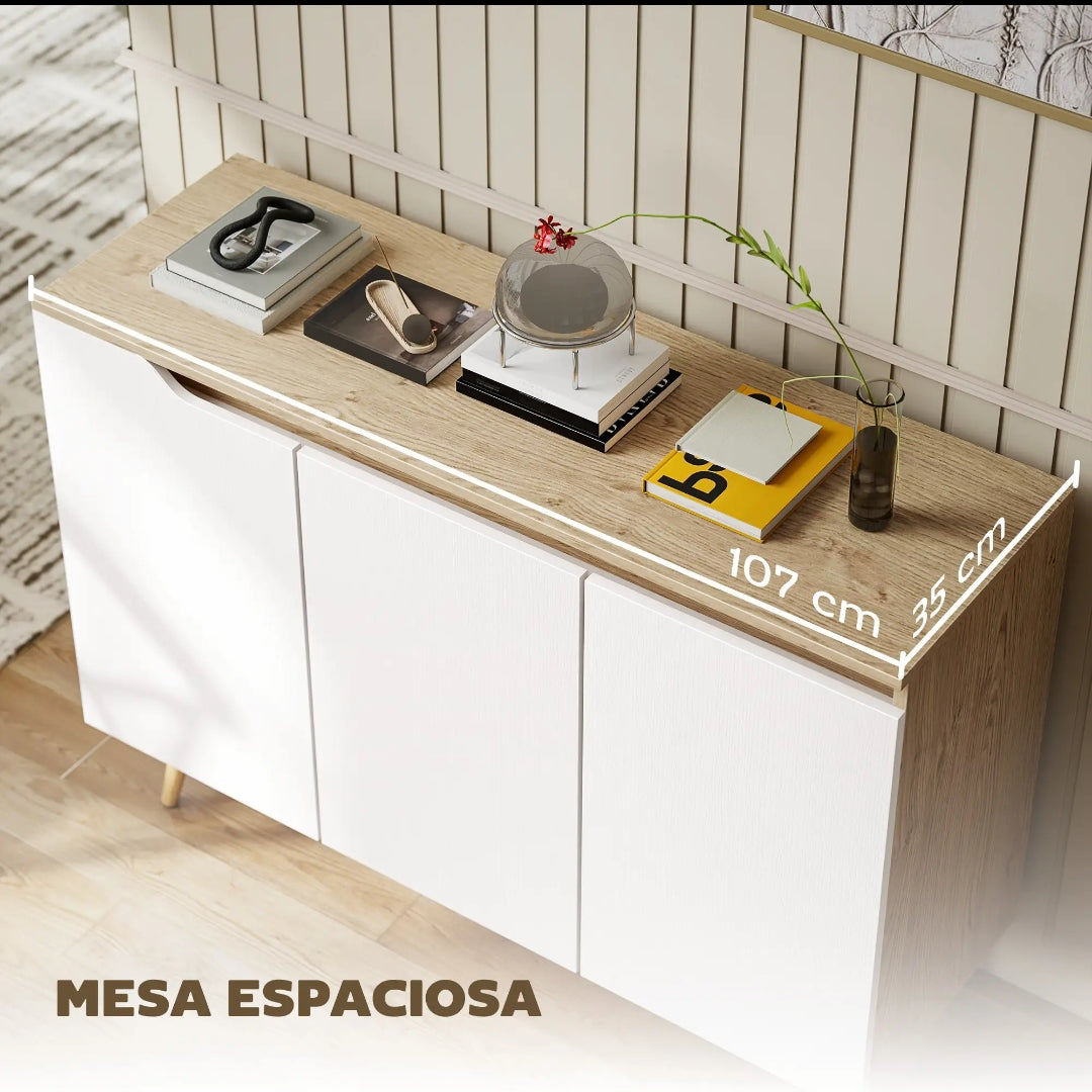 Aparador Nórdico Blanco y Roble con 3 Puertas y Estantes Ajustables para Salón y Comedor