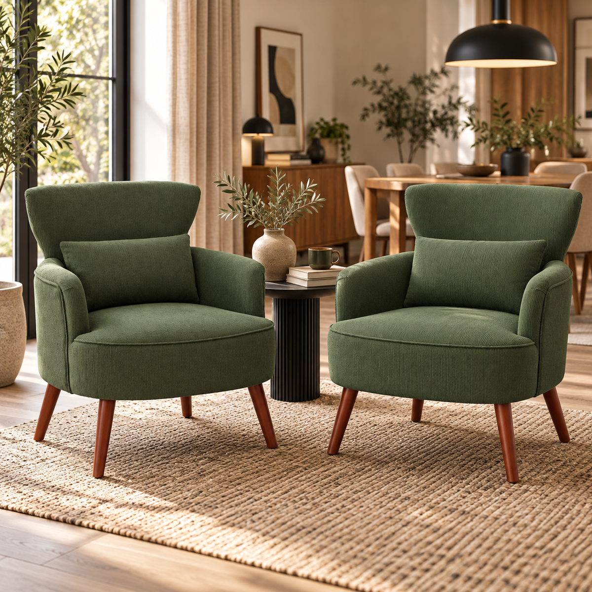 Sillón Verde de Pana con Cojín Lumbar y Patas de Madera | MooM Decó