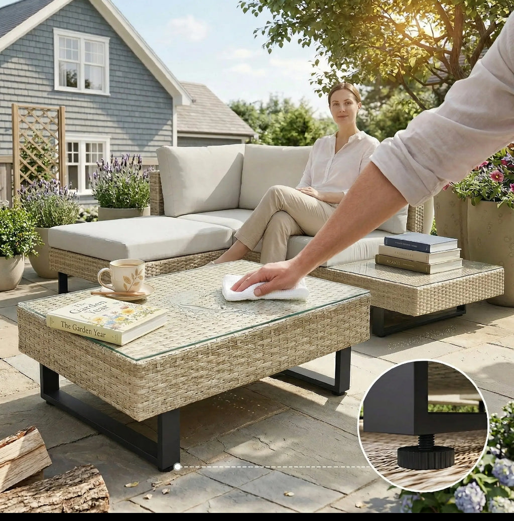 Conjunto de Jardín Modular de Ratán PE para 5 Personas con Sofás, Mesa Lateral Integrada y Mesa de Centro