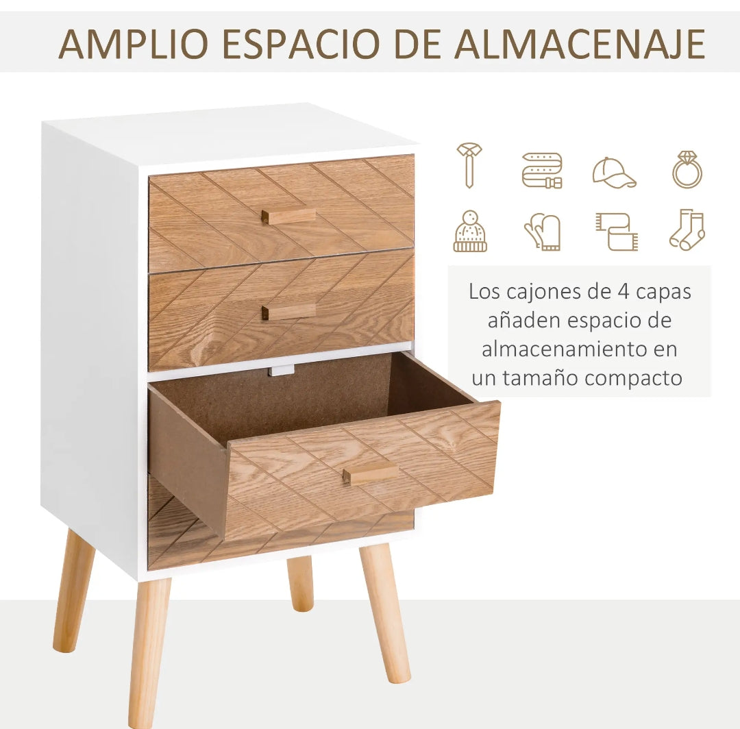 Cajonera Auxiliar Blanca con Patas de Madera 75 cm | MooM Decó
