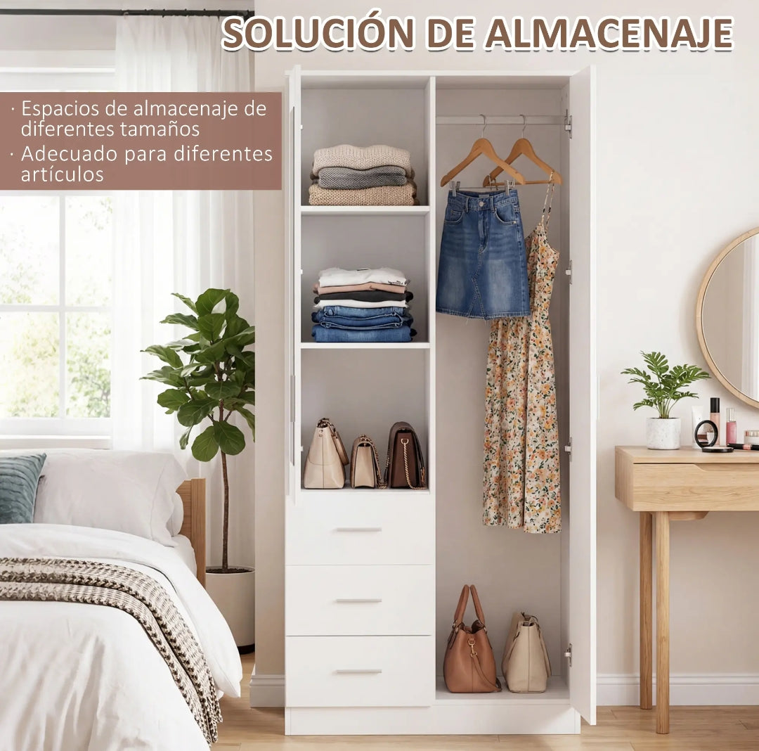 Armario Dormitorio con Espejo, 3 Cajones y Barra para Colgar | MooM Decó