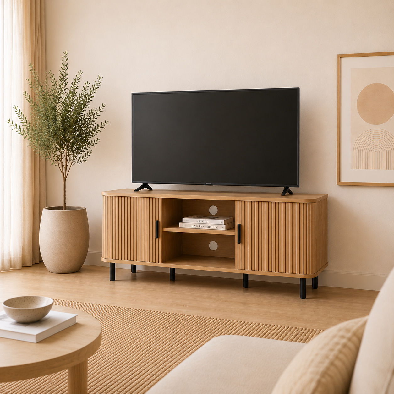 Mueble TV Vintage 120 cm Roble y Negro con Puertas Tambor para TV hasta 55"