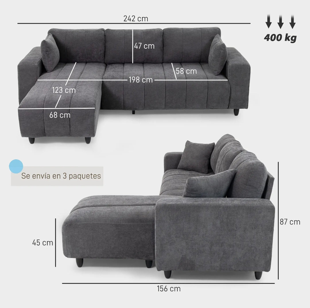 Sofá Chaise Longue Reversible 3 Plazas Beige 242 cm con Muelles Ensacados y 2 Almohadas