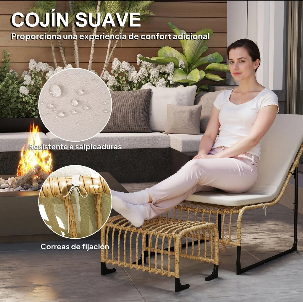 Sillón de Jardín con Reposapiés y Cojín de Ratán Sintético para Terraza y Exterior