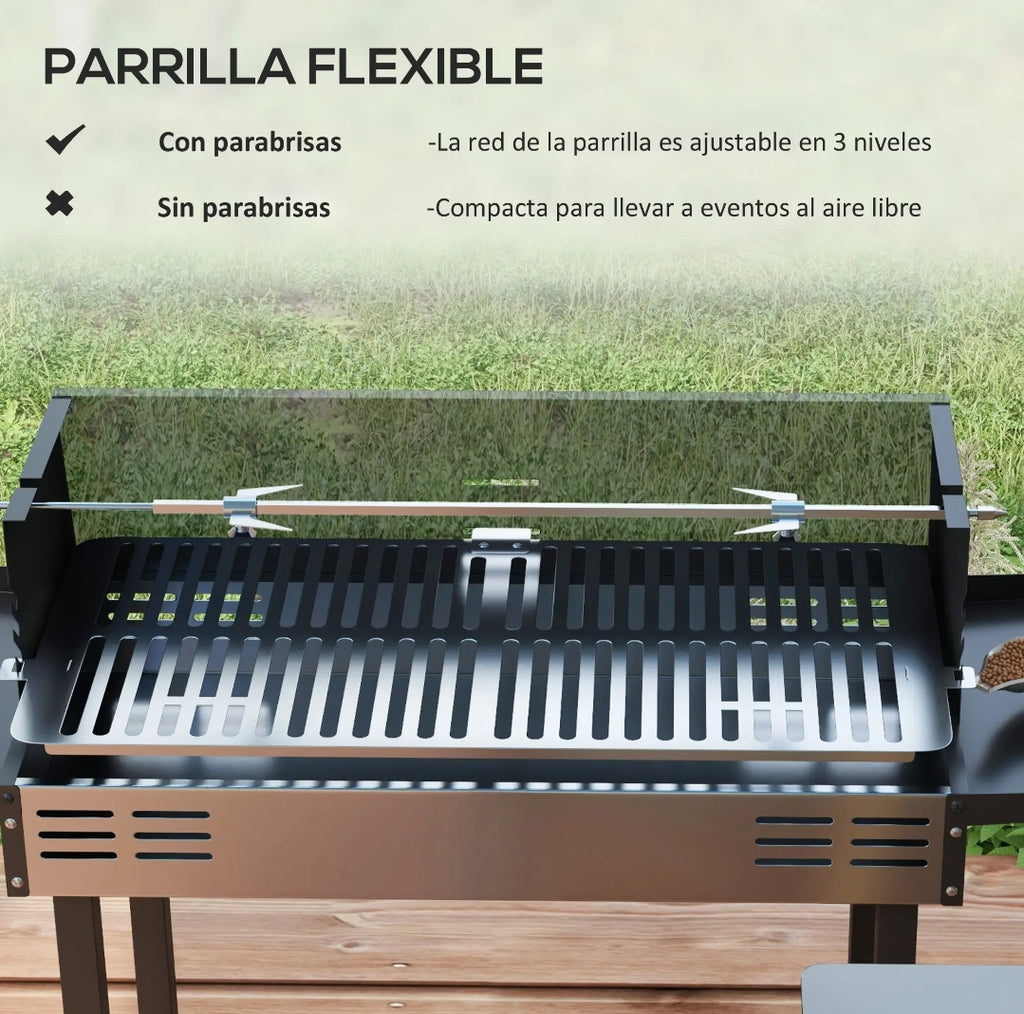 Barbacoa de Carbón Portátil con Pincho Giratorio, Parrilla y Estantes Plegables para Jardín y Terraza