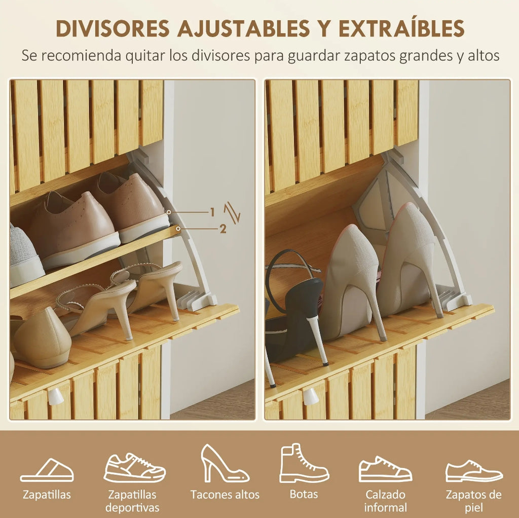 Zapatero Estrecho Blanco y Bambú para 18 Pares | 3 Cajones Abatibles | MooM Decó