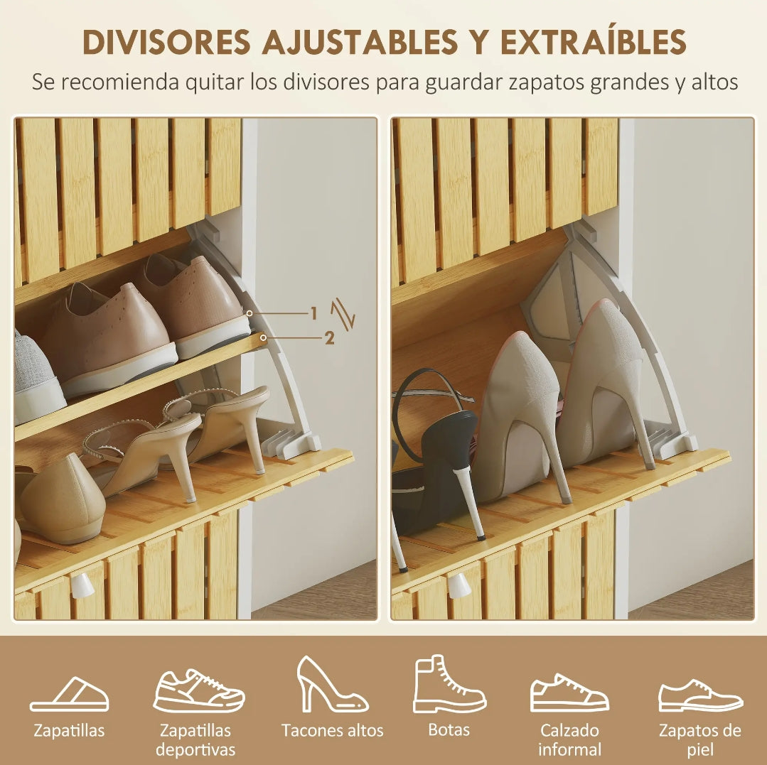 Zapatero Estrecho Blanco y Bambú para 18 Pares | 3 Cajones Abatibles | MooM Decó