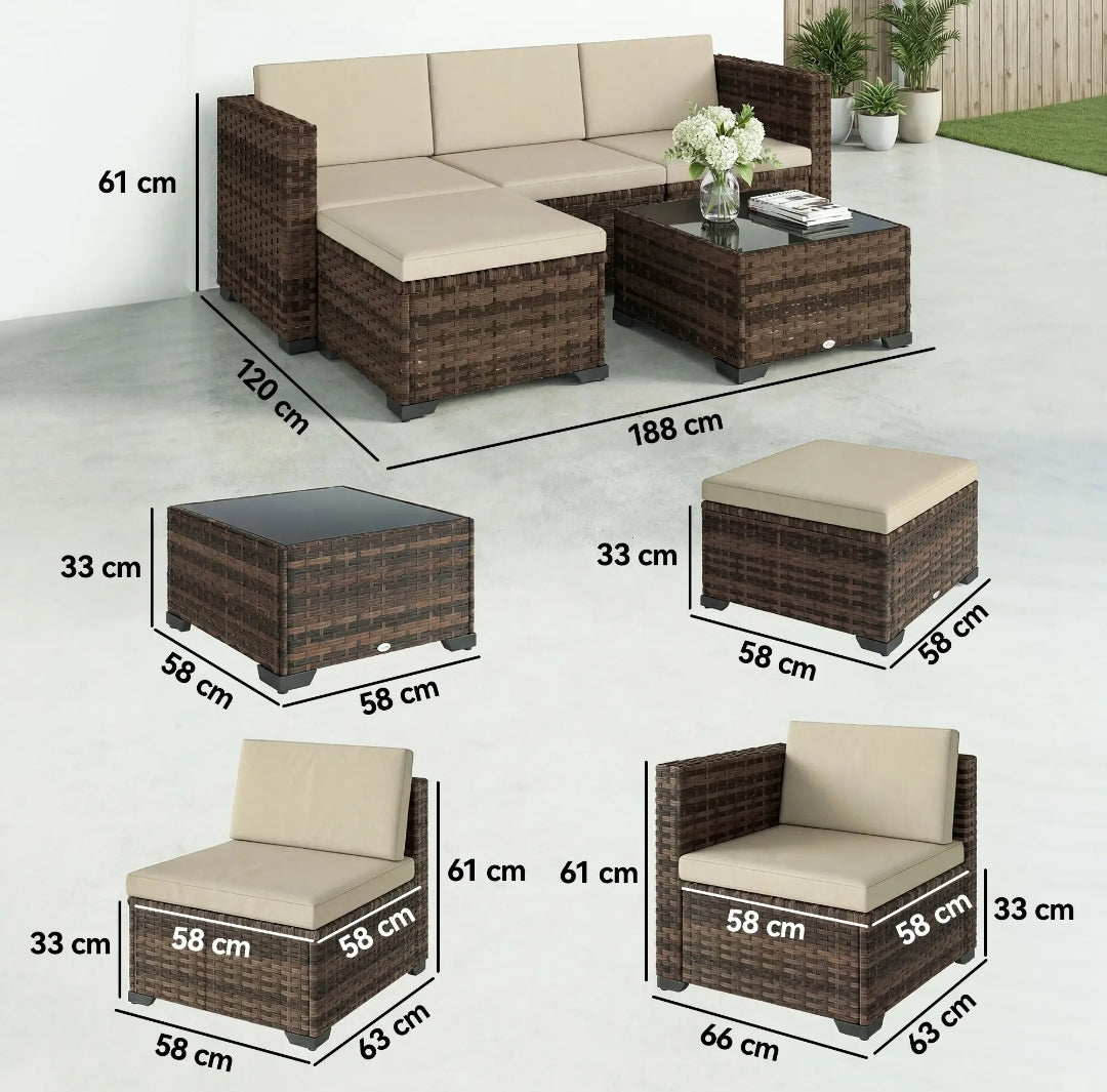 Conjunto Jardín Modular Ratán 5 Piezas con Mesa y Cojines | MooM Decó
