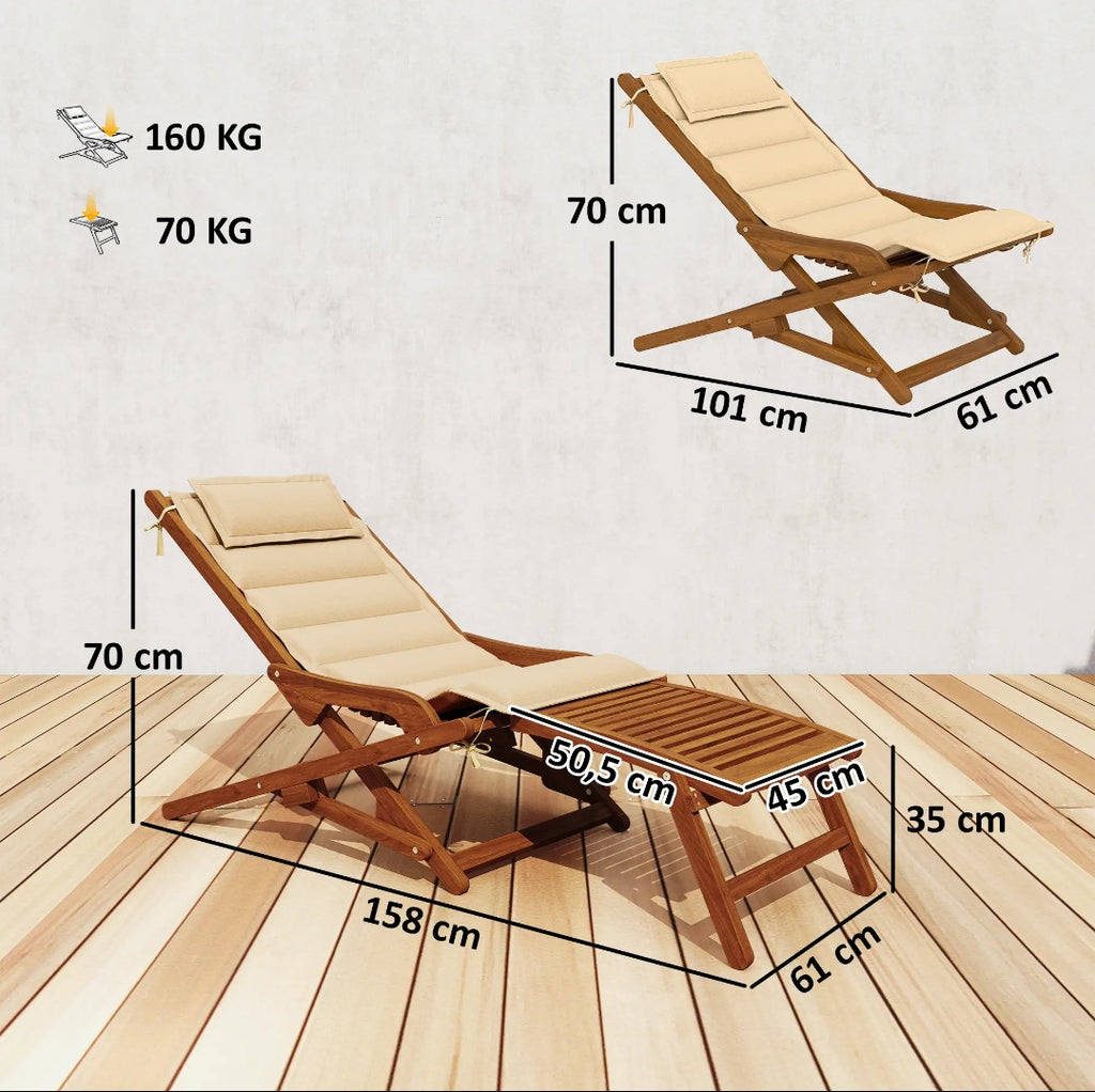 Tumbona Plegable de Madera de Acacia con Reposapiés Desmontable y Cojín Acolchado