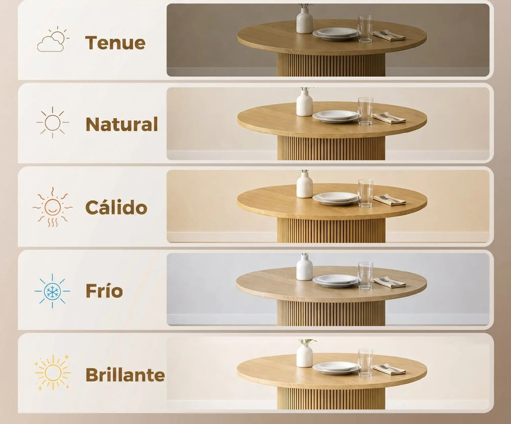 Mesa de Comedor Redonda Ø110 cm Efecto Roble con Pedestal Acanalado para 4-6 Personas | MooM Decó