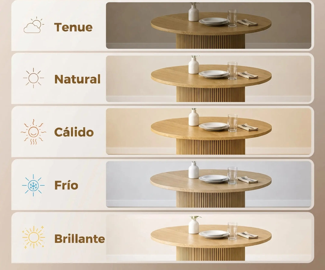 Mesa de Comedor Redonda Ø110 cm Efecto Roble con Pedestal Acanalado para 4-6 Personas | MooM Decó