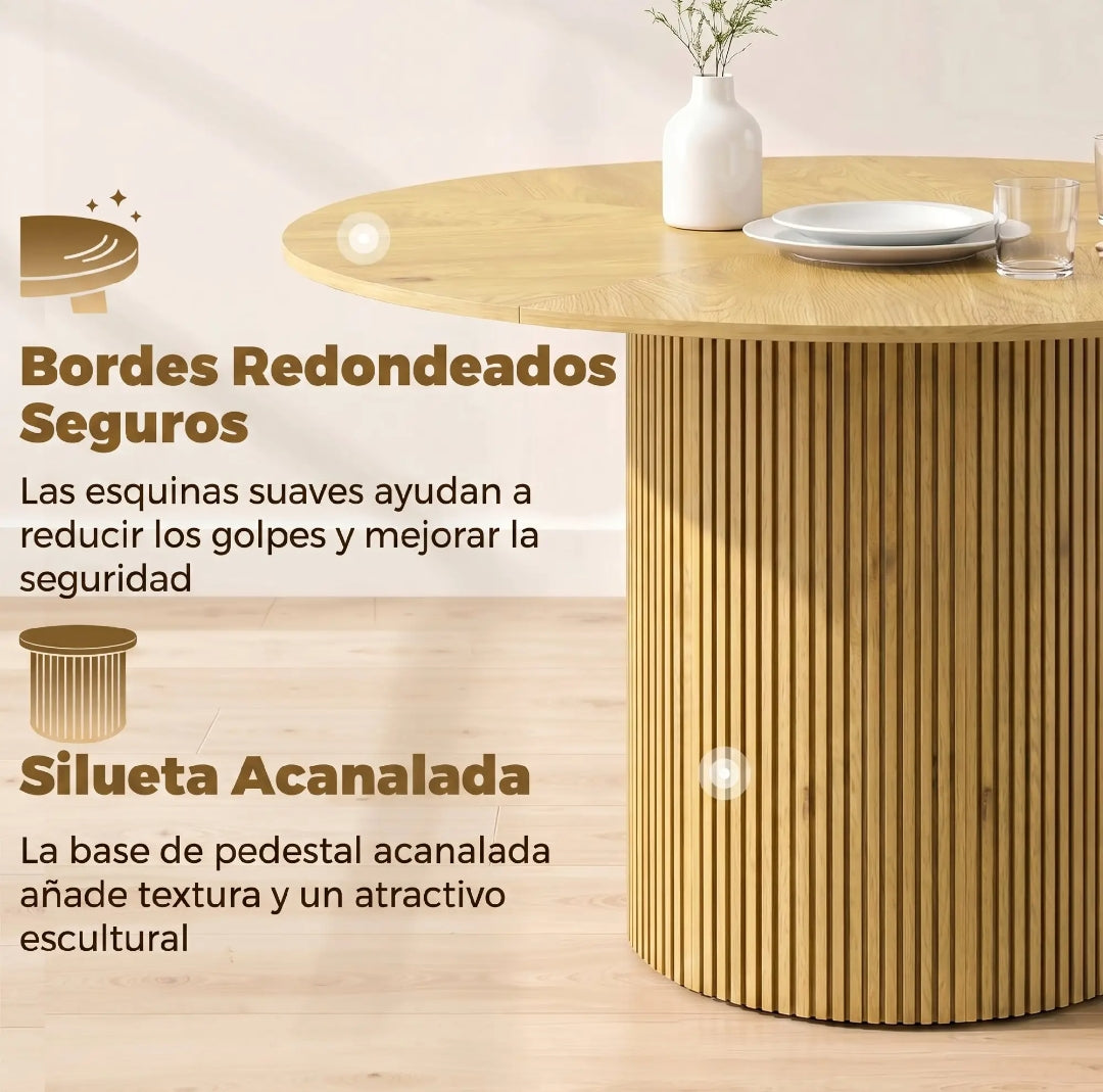 Mesa de Comedor Redonda Ø110 cm Efecto Roble con Pedestal Acanalado para 4-6 Personas | MooM Decó