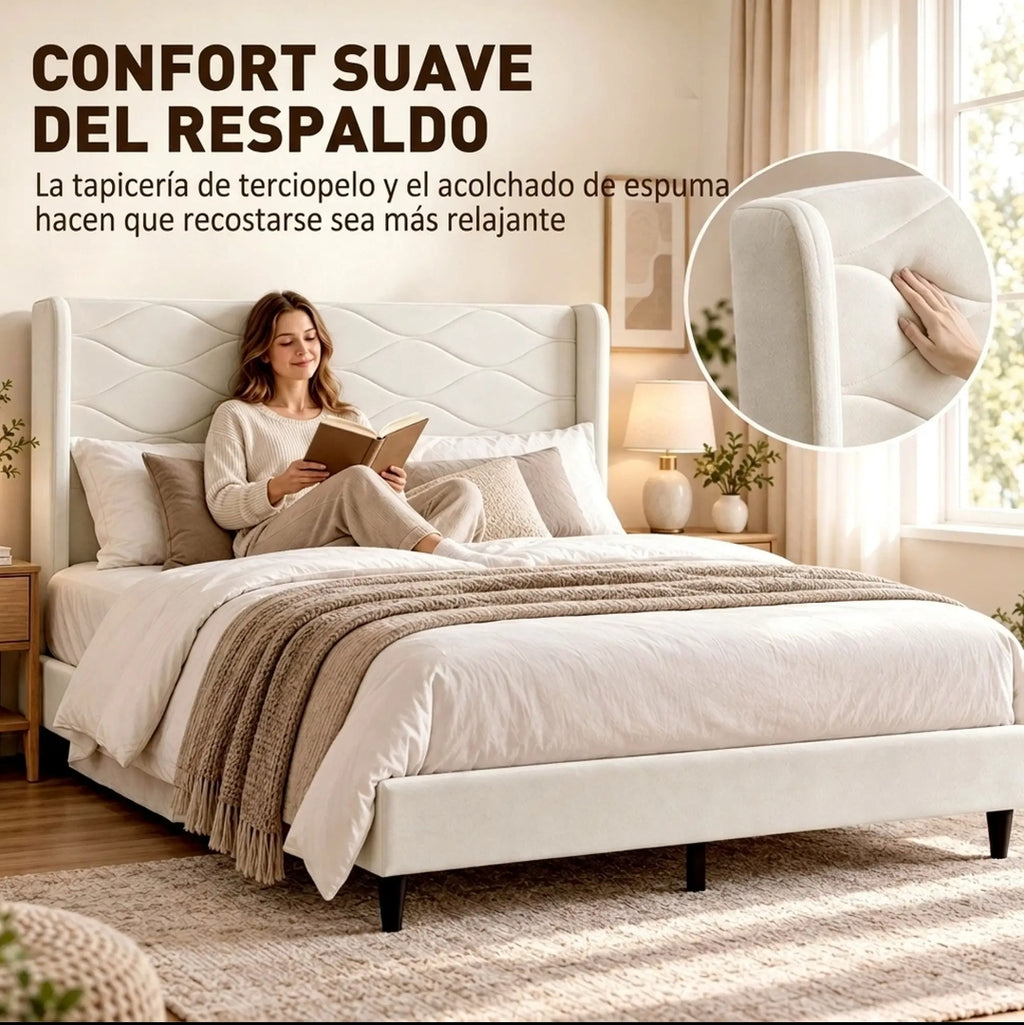 Cama Tapizada Beige 140x200 con Cabecero de Alas | MooM Decó