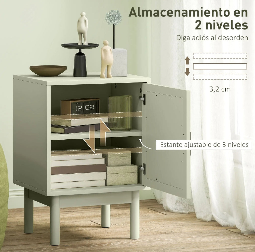 Mesita de Noche Verde con Ratán y Estante Ajustable | MooM Decó