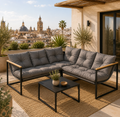 Conjunto de Jardín Esquinero 4 Piezas para 5 Personas con Cojines y Mesa de Cristal Templado