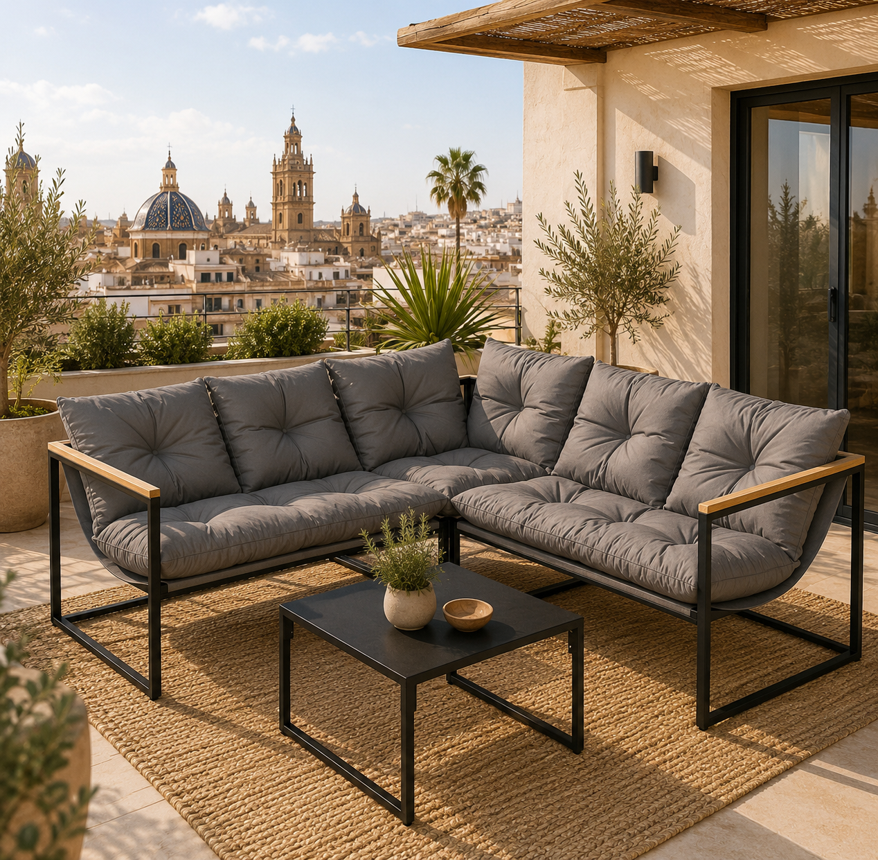 Conjunto de Jardín Esquinero 4 Piezas para 5 Personas con Cojines y Mesa de Cristal Templado