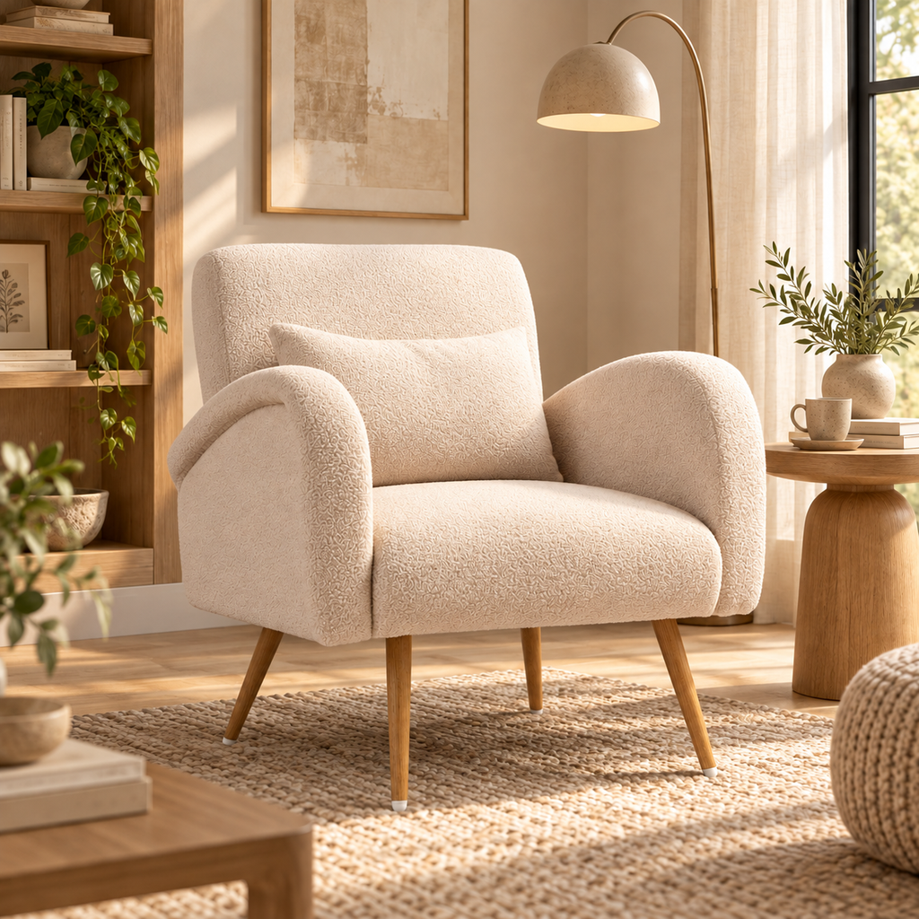 Sillón Beige Teddy con Cojín Lumbar y Patas Efecto Madera | MooM Decó