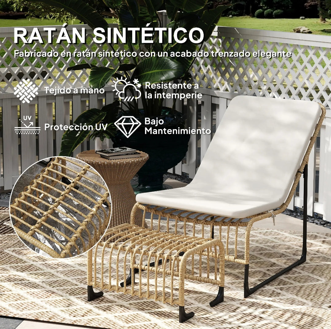 Sillón de Jardín con Reposapiés y Cojín de Ratán Sintético para Terraza y Exterior