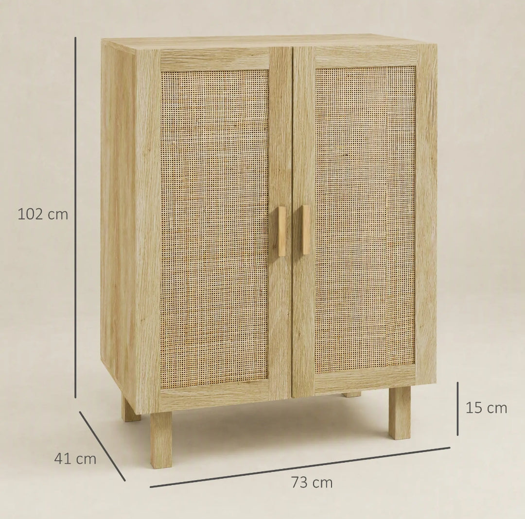 Aparador Cannage de 4 Puertas con Estantes Ajustables Estilo Boho Natural 120 cm