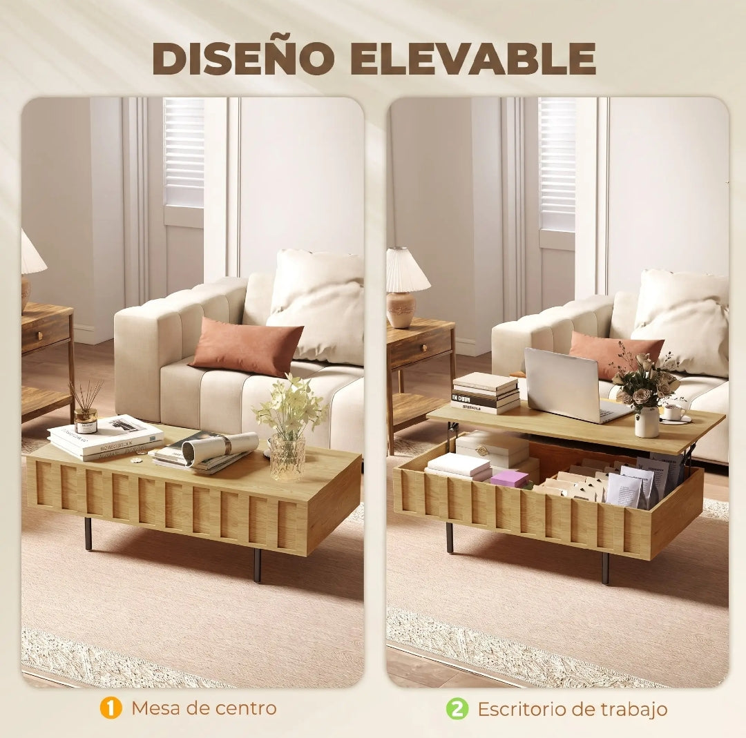 Mesa de Centro Elevable 110 cm Roble Acanalada | MooM Decó