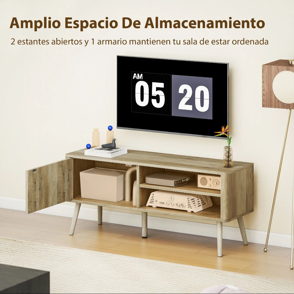 Mueble TV Moderno con Puerta Acanalada y Almacenamiento para Televisores hasta 55 Pulgadas