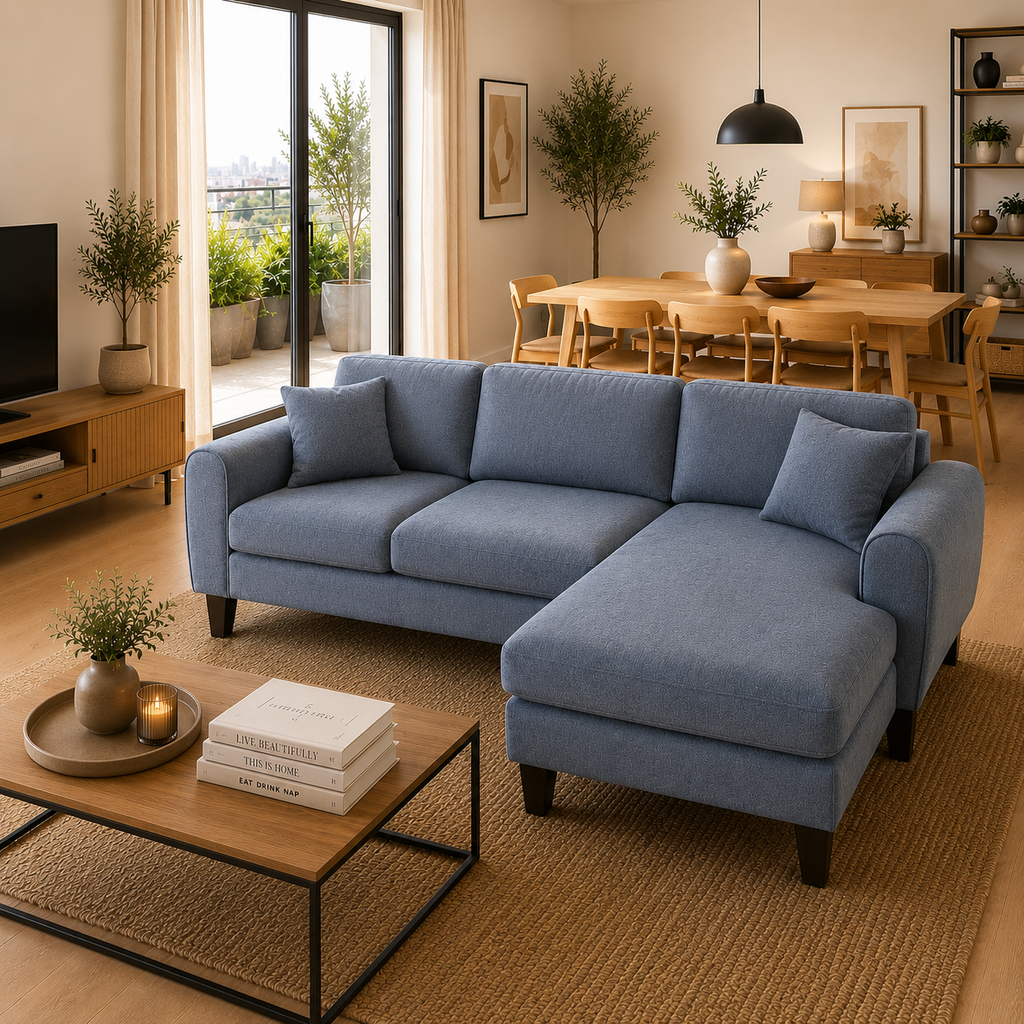 Sofá Chaise Longue Reversible 3 Plazas Beige 242 cm con Muelles Ensacados y 2 Almohadas