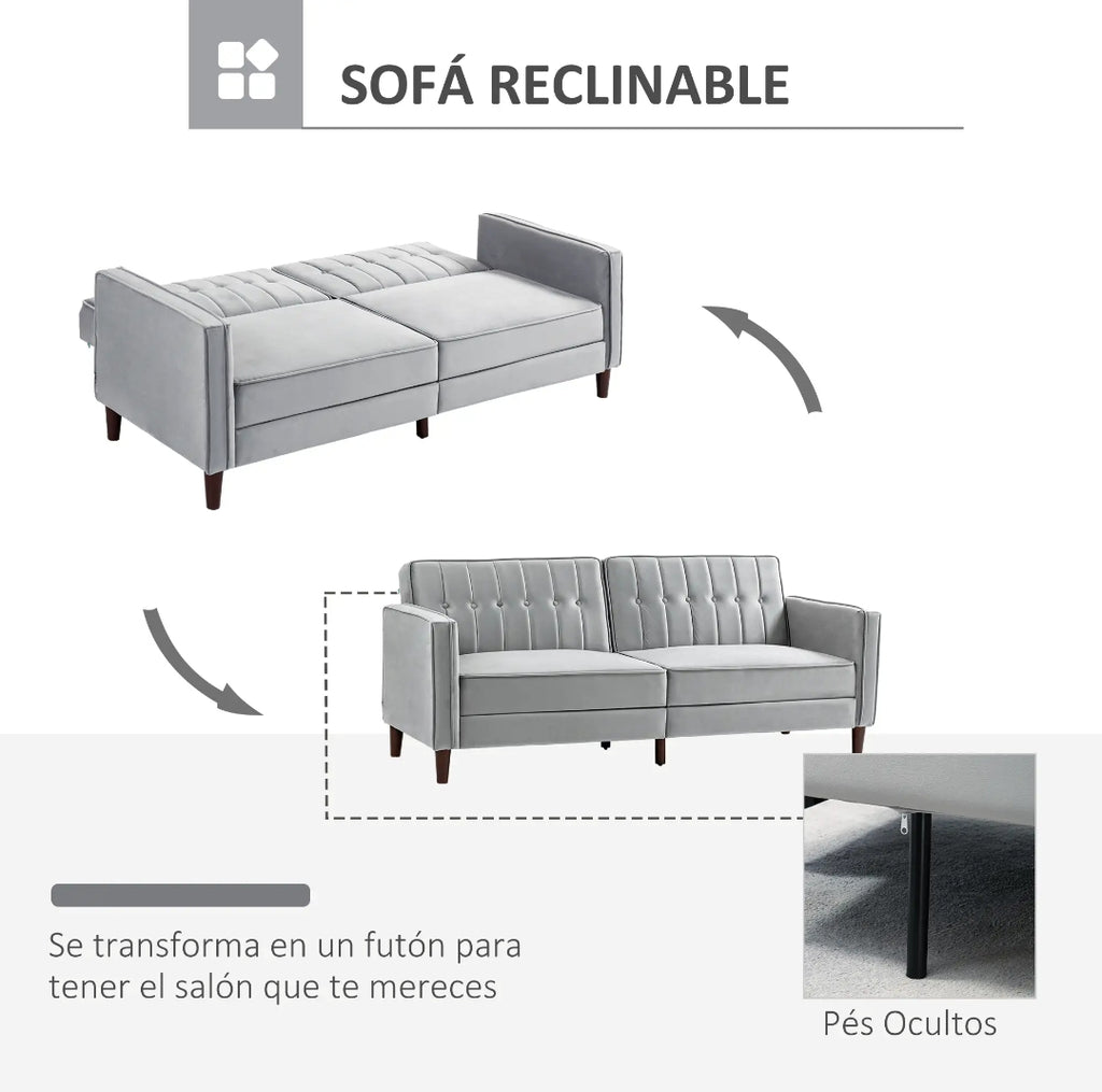 Sofá Cama Convertible 2-3 Plazas con Respaldos Reclinables y Tapizado Aterciopelado Gris Claro