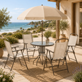Conjunto de Jardín Plegable con 4 Sillas, Mesa de Cristal Templado y Sombrilla para Terraza y Exterior