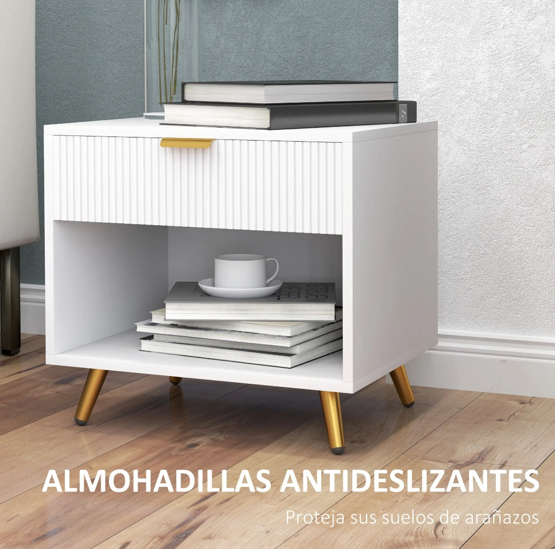 Mesita de Noche Blanca Acanalada con Cajón 50 cm | MooM Decó