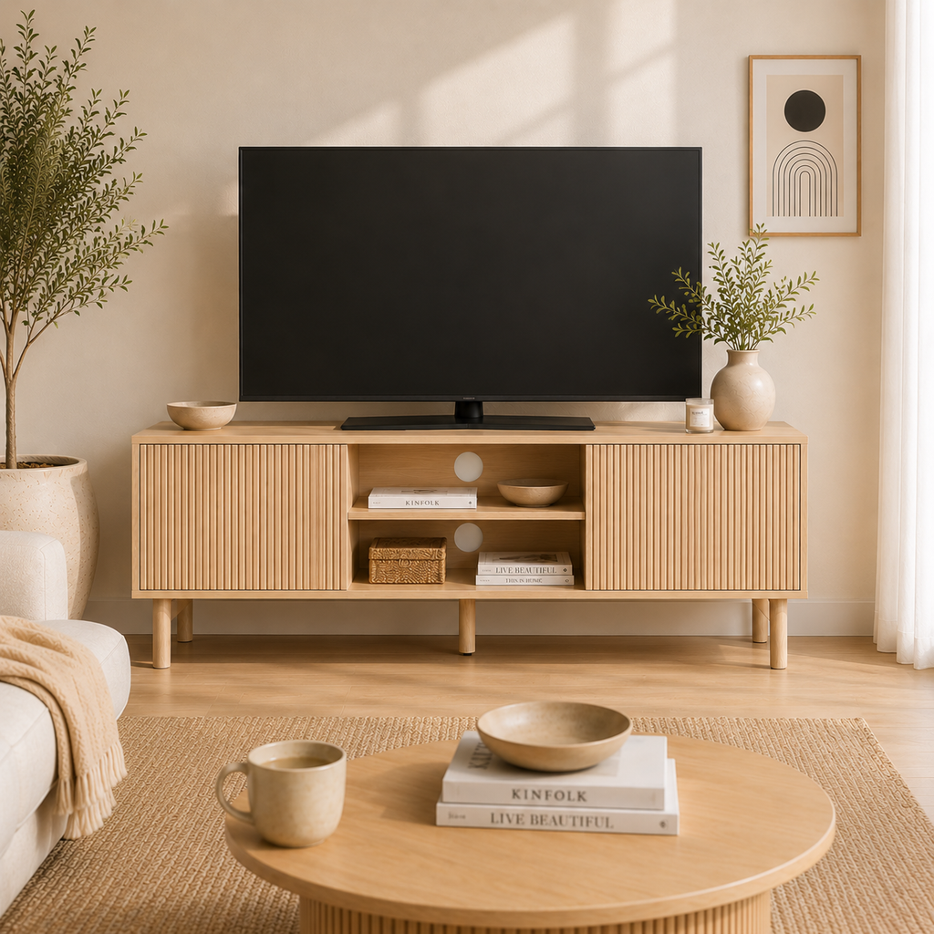 Mueble TV Nórdico con Puertas Correderas y Estantes Abiertos Efecto Madera 115x40x49 cm