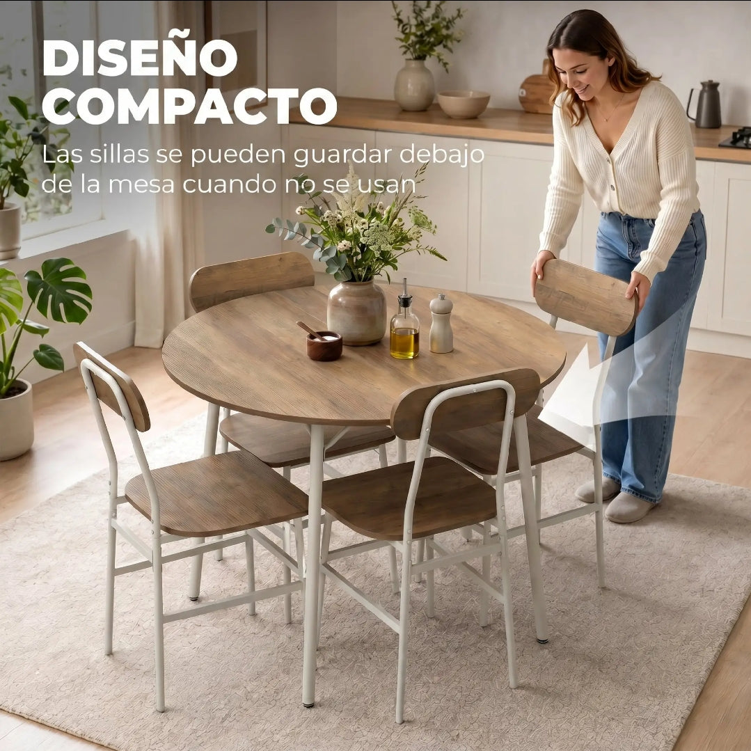 Mesa Redonda con 4 Sillas Ø100 cm Natural y Blanco | MooM Decó