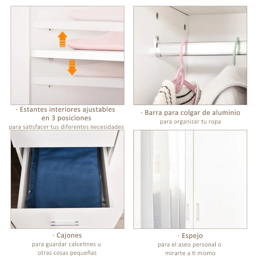 Armario Dormitorio con Espejo, 3 Cajones y Barra para Colgar | MooM Decó