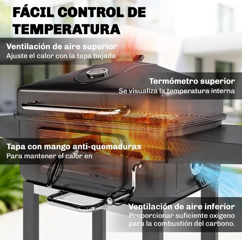 Barbacoa de Carbón con Tapa y Termómetro | Parrilla Regulable | MooM Decó