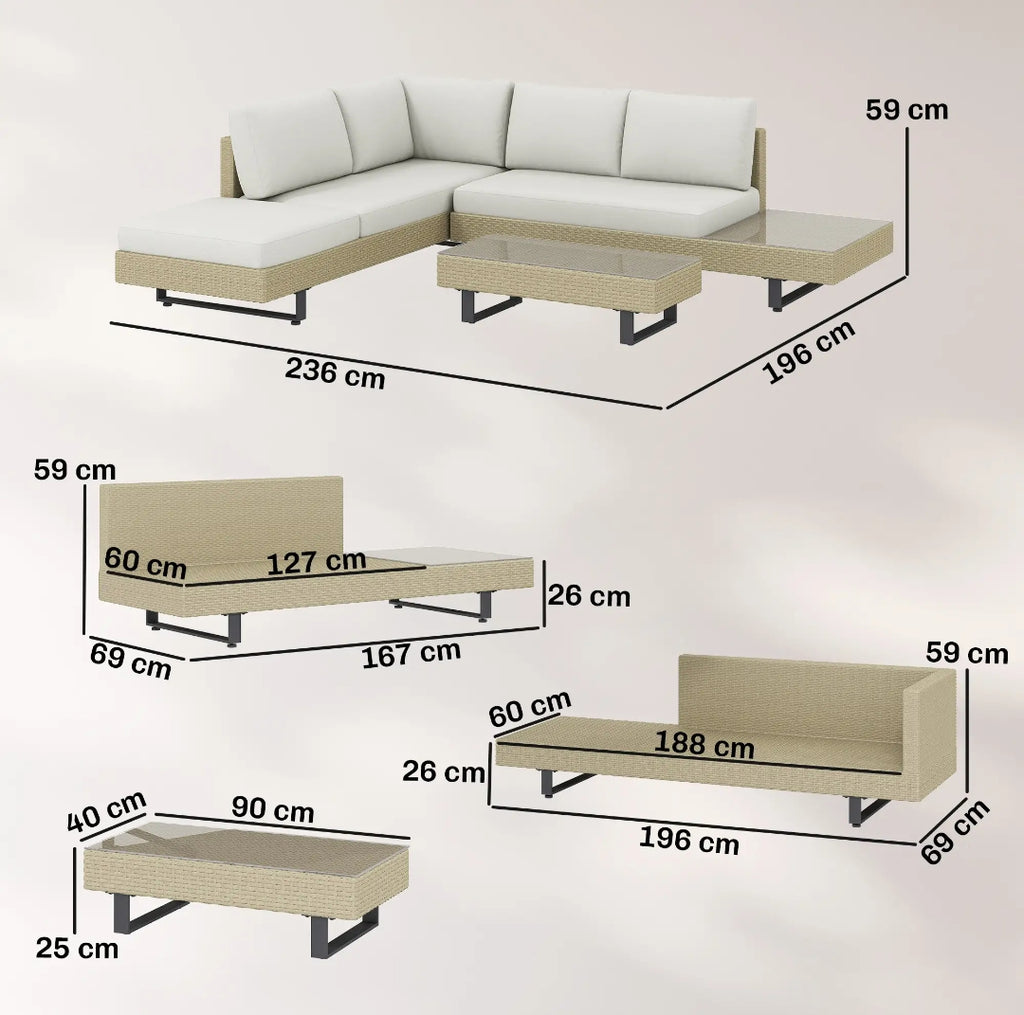 Conjunto de Jardín Modular de Ratán PE para 5 Personas con Sofás, Mesa Lateral Integrada y Mesa de Centro