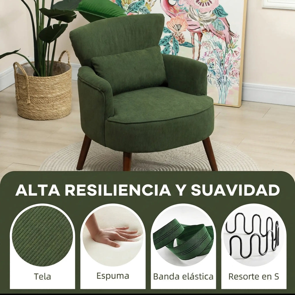 Sillón Verde de Pana con Cojín Lumbar y Patas de Madera | MooM Decó