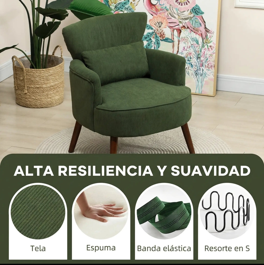 Sillón Verde de Pana con Cojín Lumbar y Patas de Madera | MooM Decó