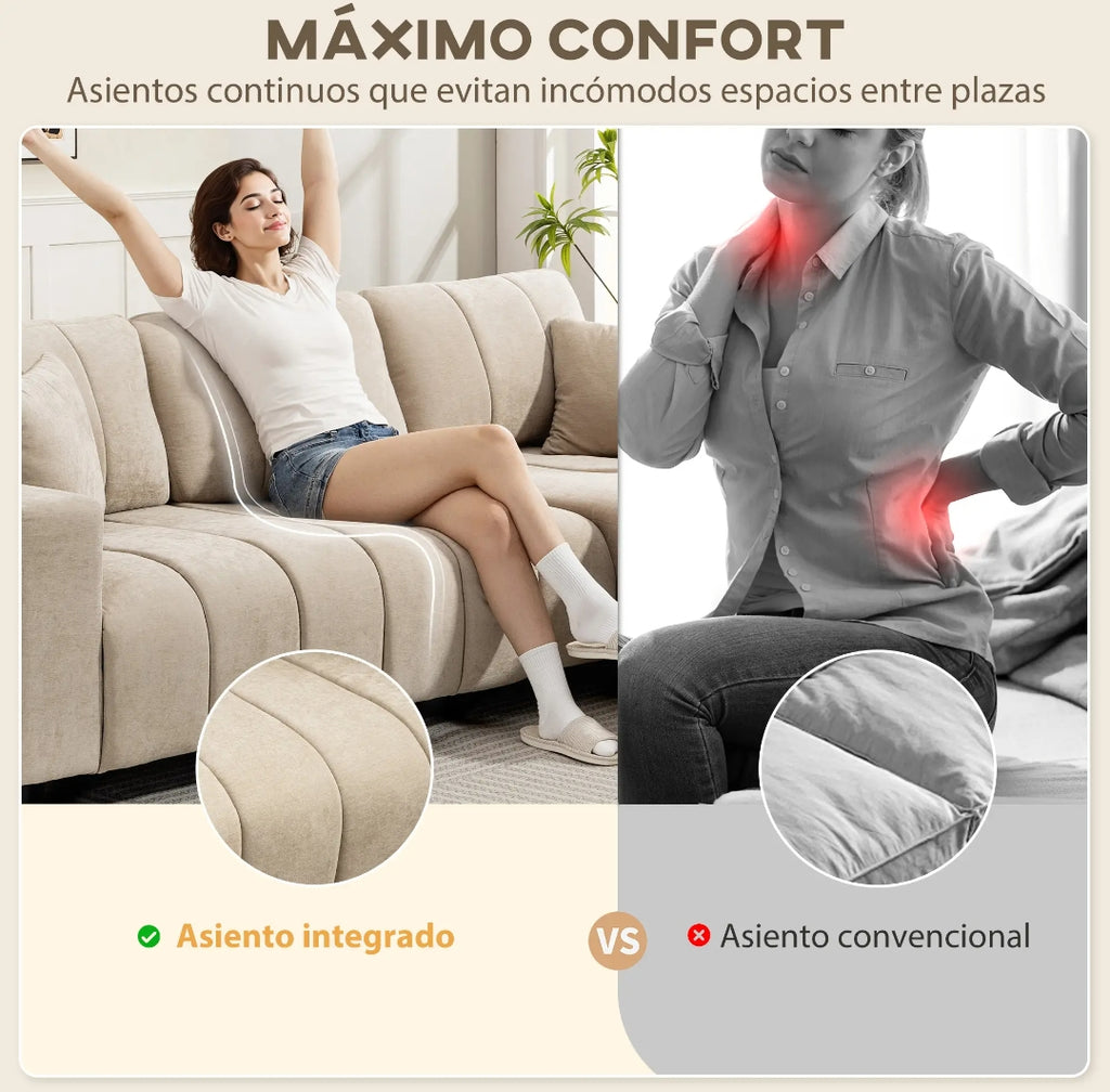 Sofá Chaise Longue Reversible 3 Plazas Beige 242 cm con Muelles Ensacados y 2 Almohadas