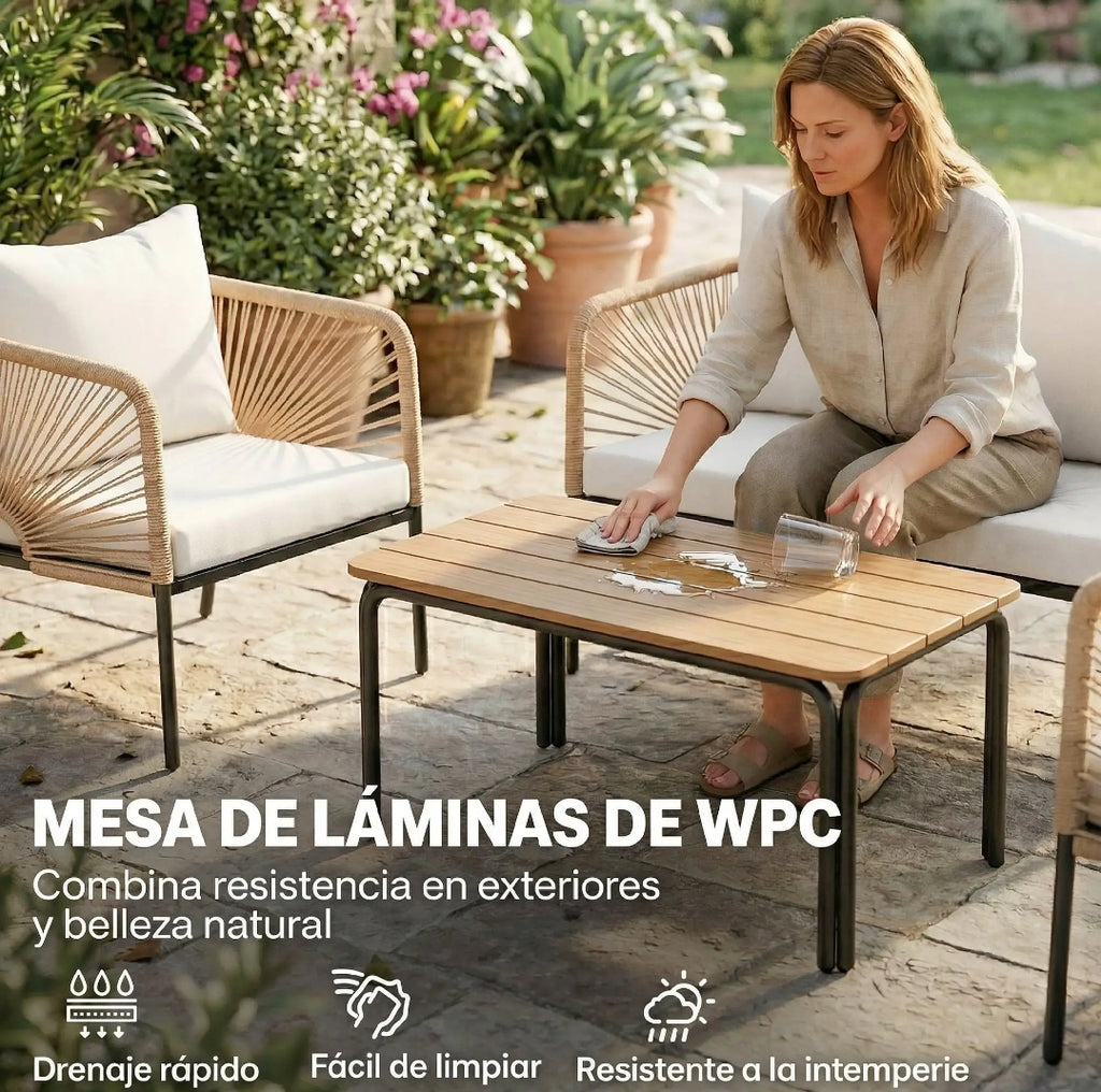 Conjunto de Jardín 4 Piezas con Sofá, 2 Sillones y Mesa Efecto Madera para Exterior