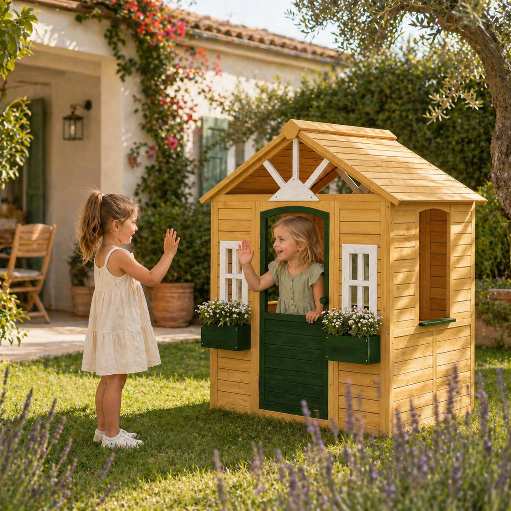 Casita Infantil de Madera para Jardín con Jardineras y Ventanas | 134,5x97x150 cm | MooM Decó