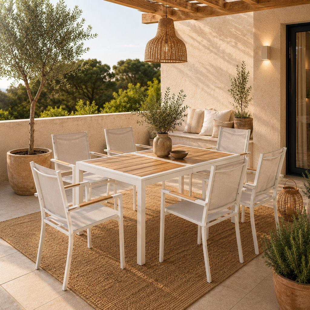 Conjunto de mesa y sillas apilables blanco MORAIRA