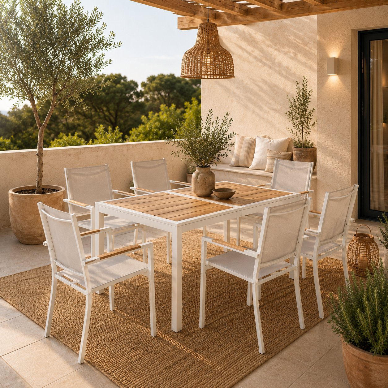 Conjunto de mesa y sillas apilables blanco MORAIRA