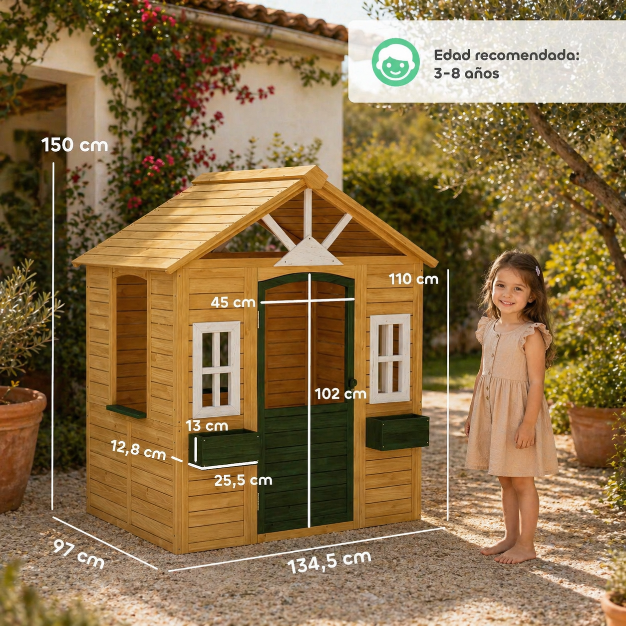 Casita Infantil de Madera para Jardín con Jardineras y Ventanas | 134,5x97x150 cm | MooM Decó